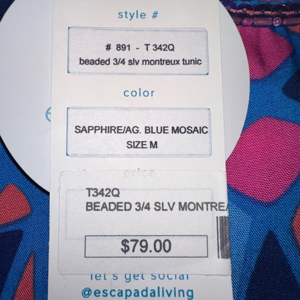 Escapada Living Beaded Blue Mosaic Tunic Coastal Sapphire 3/4 Sleeve Sz Medium - Picture 11 of 11